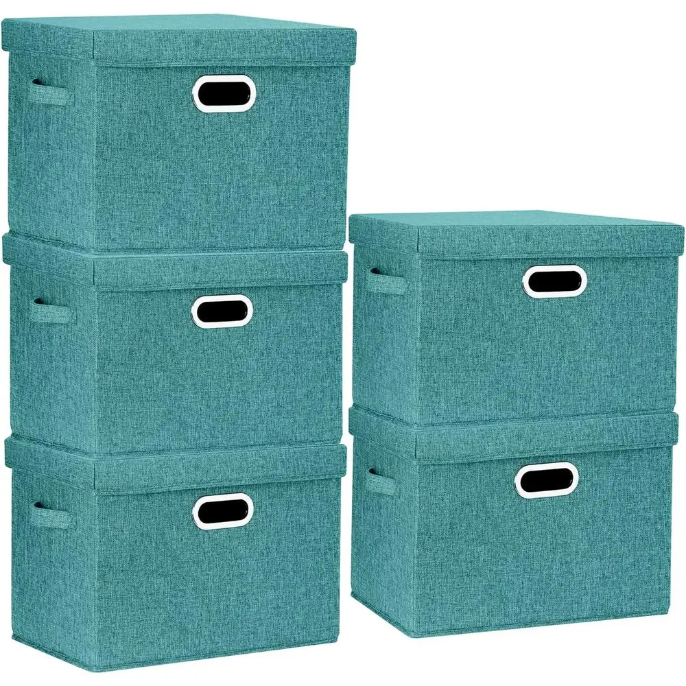 

Большие складные контейнеры для хранения с крышками, моющиеся, тканевые коробки для организации пространства, 17.3x11.8x11.4 дюйма, 5 штук, цвет аква