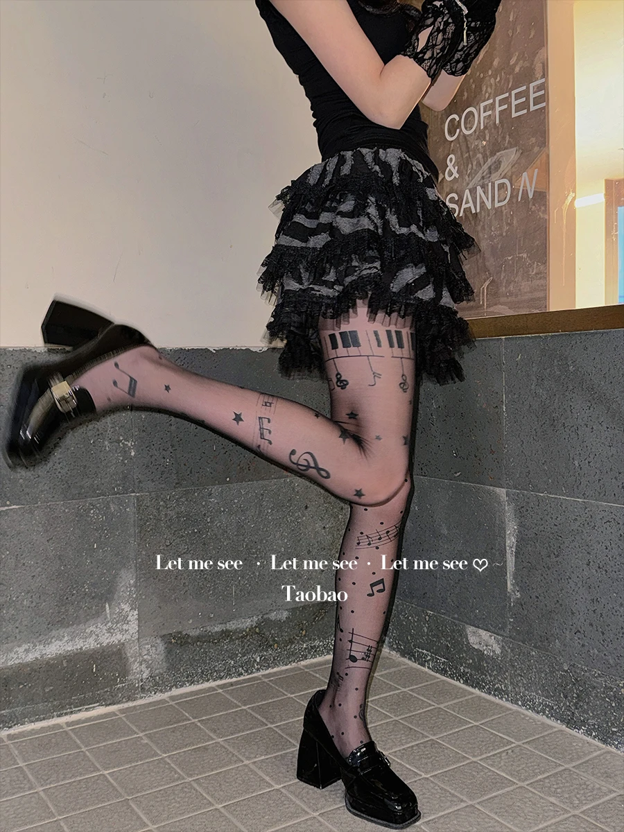 New Original Hot Girl Musical Note Printed Stockings Japanese Subculture Y2K Pure Desire Black Bottoming Pantyhose Women's Socks