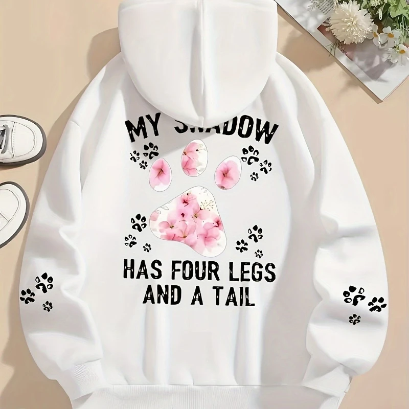 Autumn Womens Hoodies Cute Cat Paw Printing Sweatshirts Warm Fleece Soft Comfortable Pullovers Fashion Loose Female Clothing