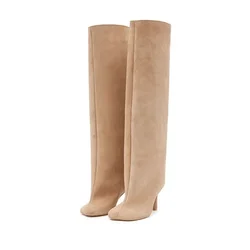 2024 European and American Fashion Stiletto Heels Wide Leg Knee Sleeve Boots Women's Square Head Suede Warm Boots
