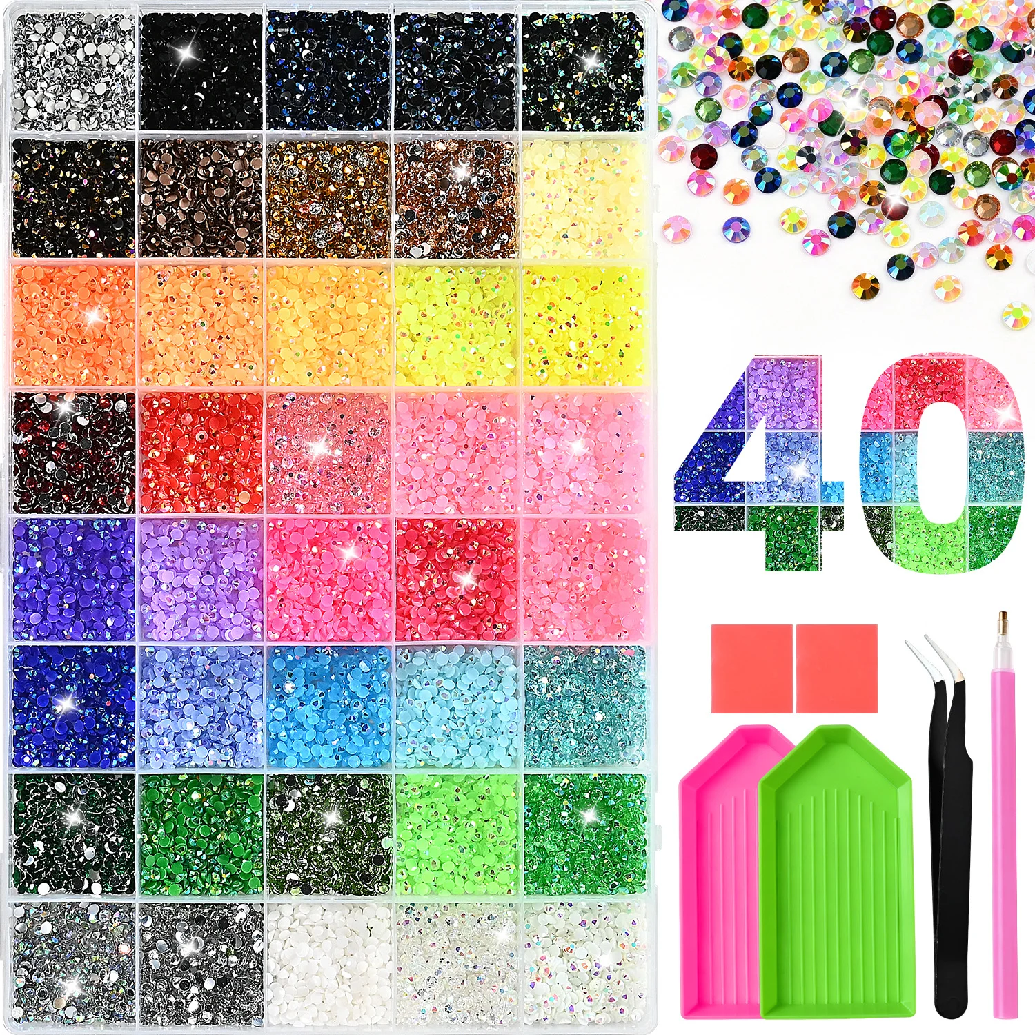 40 Grids Mixed Color Jelly Resin Flatback Rhinestones Set with Pick Up Pen Tweezers Tray for DIY Crafts Nail Art Bedazzling Deco