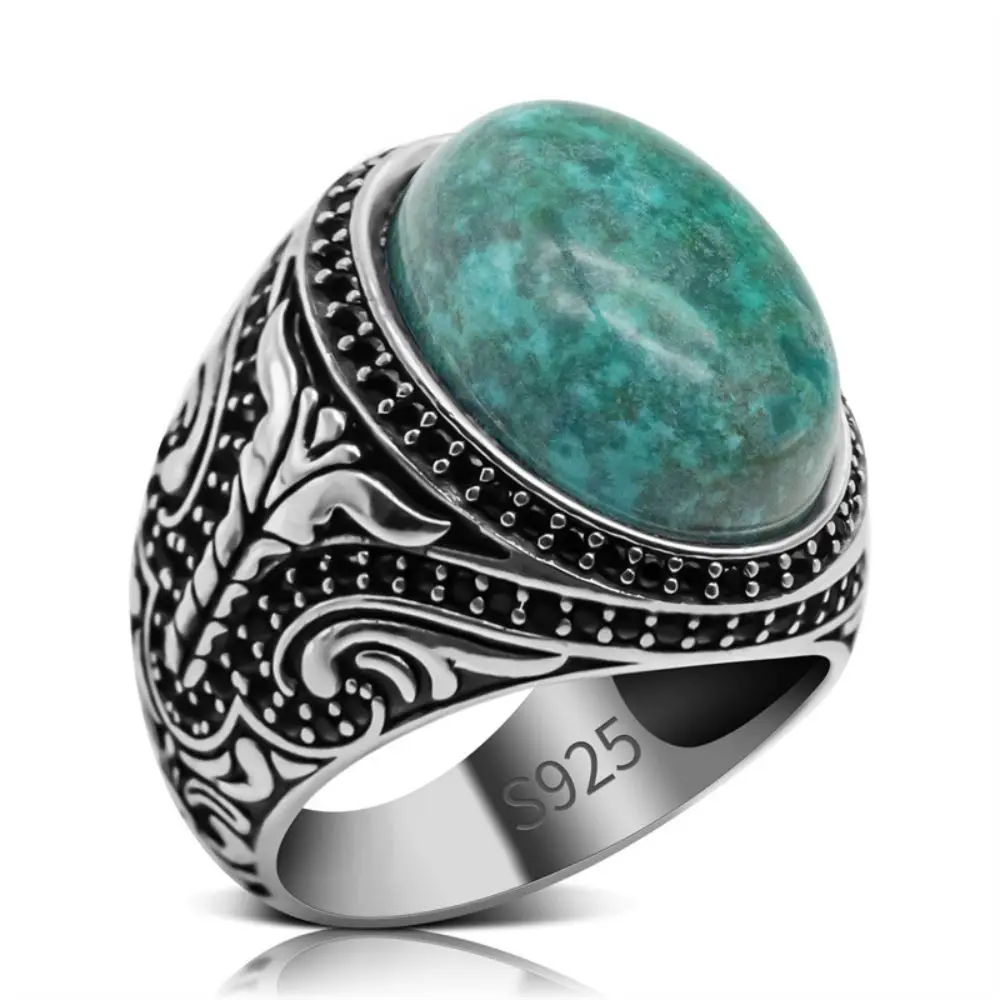 Real 925 Sterling Silver Ring for Men Natural Chrysocolla Stone Handmade Vintage Turkish Silver Ring for Male