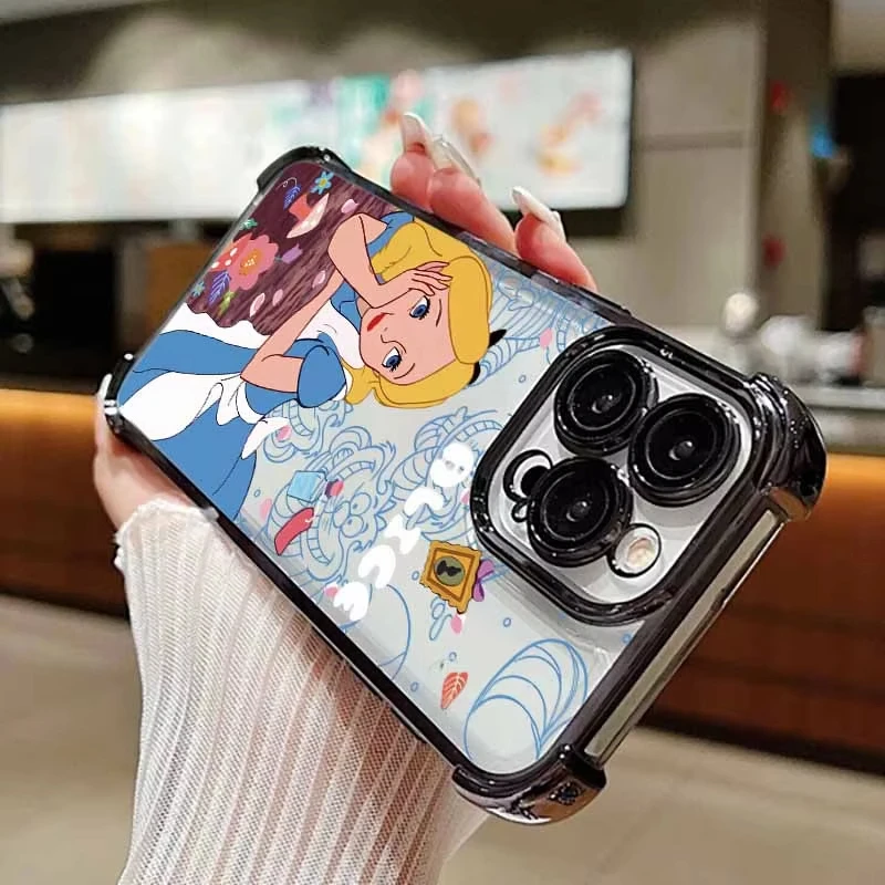Alice In Wonderland Electroplated Four Corner Phone Case for iPhone 16 E 15 14 13 12 Mini 11 Pro Max XS Max X 7 Plus Hard Cover