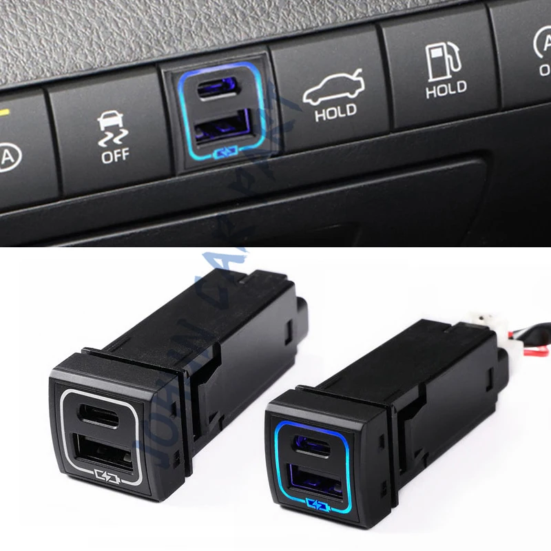 

Автомобильное быстрое зарядное устройство с двумя портами USB PD QC3.0, зарядное устройство для телефона Toyota Highlander Land Cruiser Prado 150 Rav4 Camry Corolla 2018-22