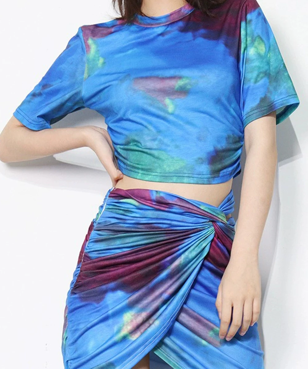 

New national trend tie-dye print short hot girl T-shirt top + hip skirt two-piece fashion suit-GZXX919
