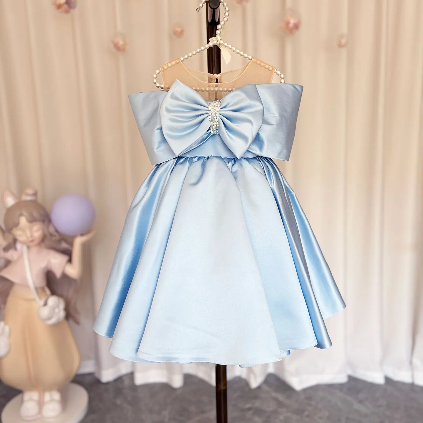 Jill Wish Elegant Blue Satin Beads Flower Girl Dress Blue with Bow Knee Length for Princess Wedding Birthday Party J181