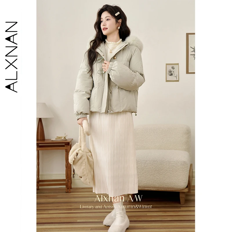 Alxnan jaqueta verde 2025 inverno feminino engrossado com capuz quente curto para baixo jaquetas 90 pato branco gola de pele real casacos l51105
