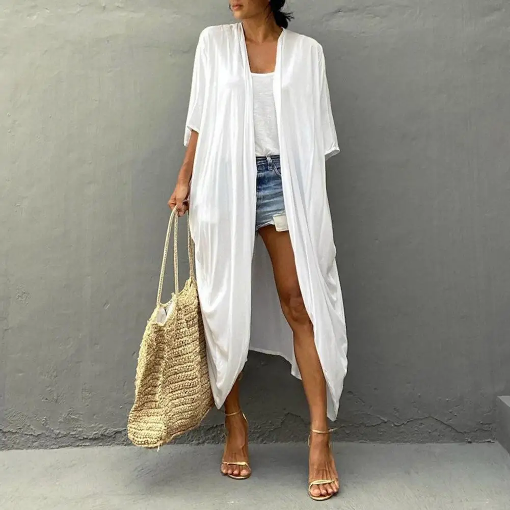 Women Beach Cover Up Cardigan Lady Girls V-neck Half Sleeve Quick-Drying Loose Fit Swimwear Beachwear Bathing Suit Robe
