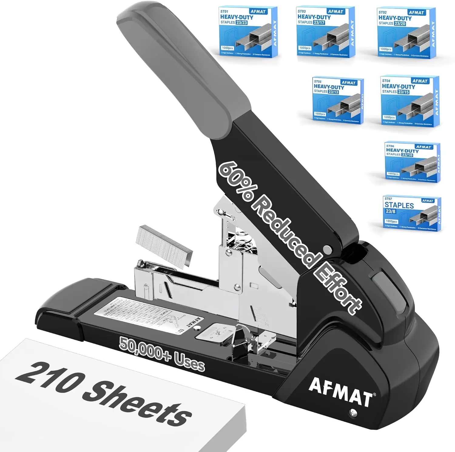 Heavy Duty Stapler,210 Sheet Effortless Desk Stapler,60% Reduced Effort,50,000+ Uses,Adjustable Paper Depth with 7000Pcs Staples