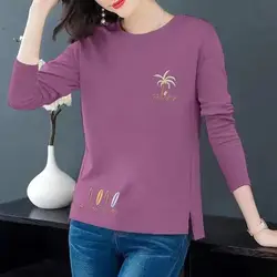 Women Korean Fashion Print Simple All Match T-shirt Spring Autumn Casual O Neck Irregular Tees Long Sleeve Loose Tops Ropa Mujer
