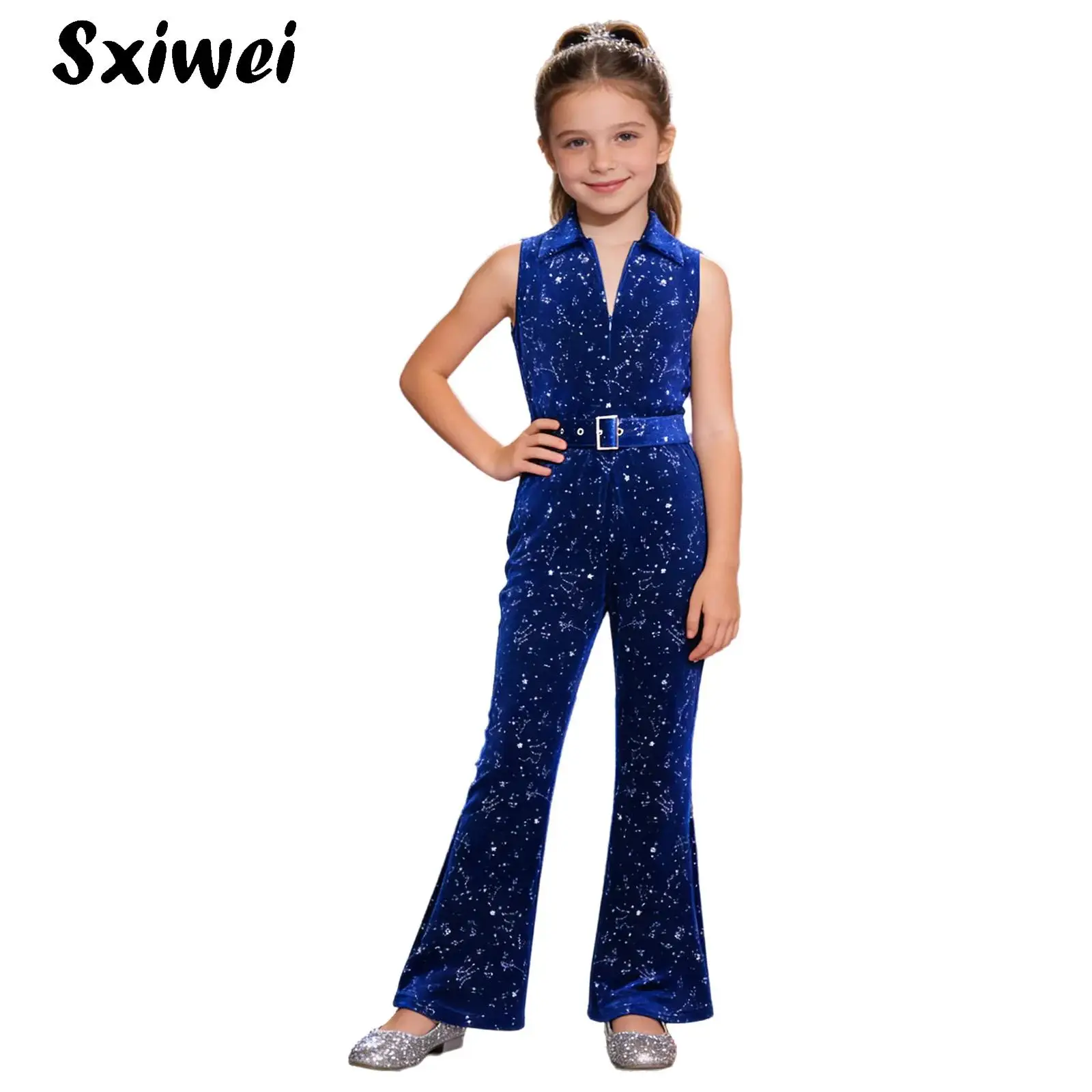 

Child Formal Evening Birthday Party Elegant Rompers Girls Disco Sequins Velvet Jumpsuit Sleeveless Long Flare Pants +Waistbelt
