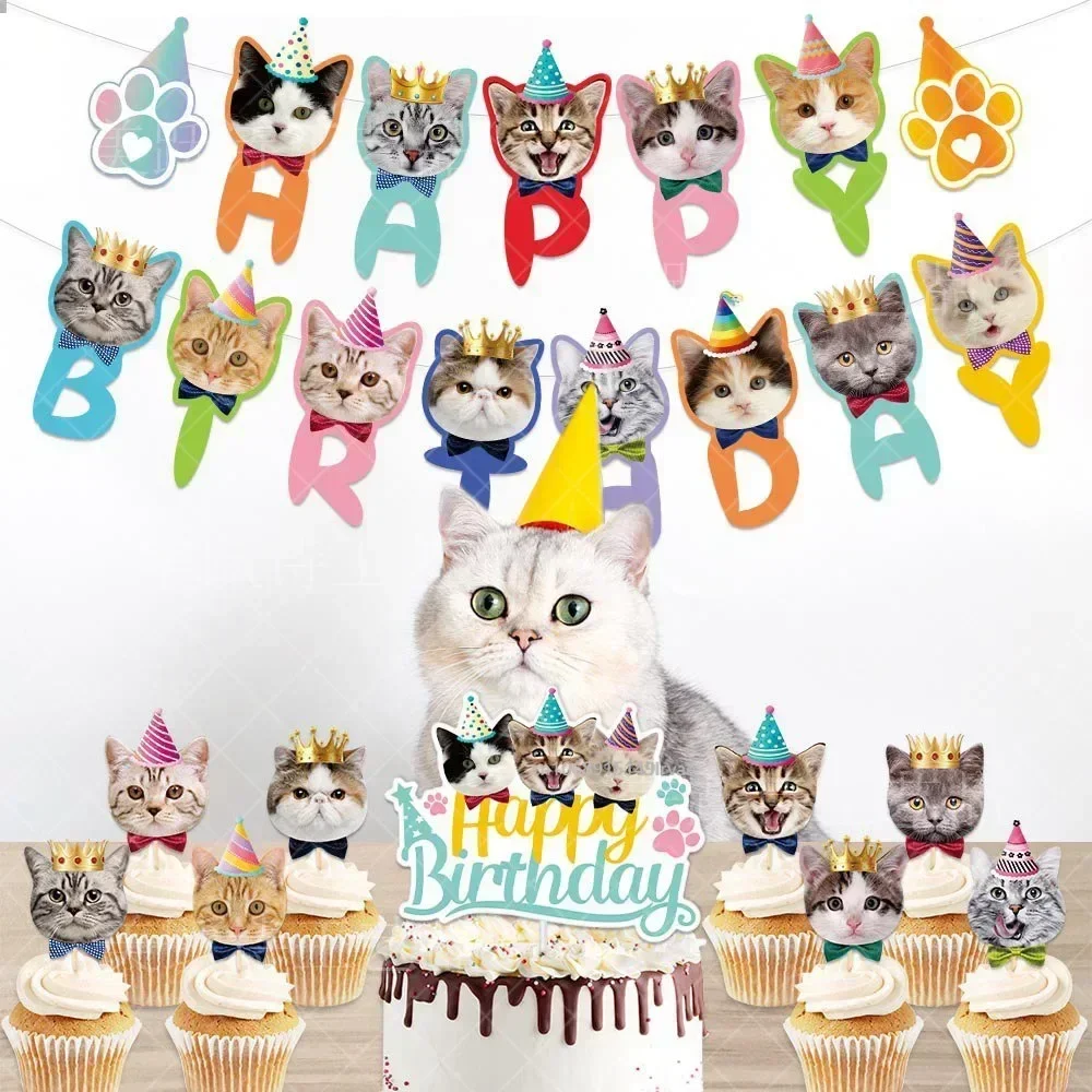 Pet Cats Happy Birthday Party Decoration Banner  Happy Birthday Cake Topper Party Decor Garland for Cat Birthday Decor Supplie