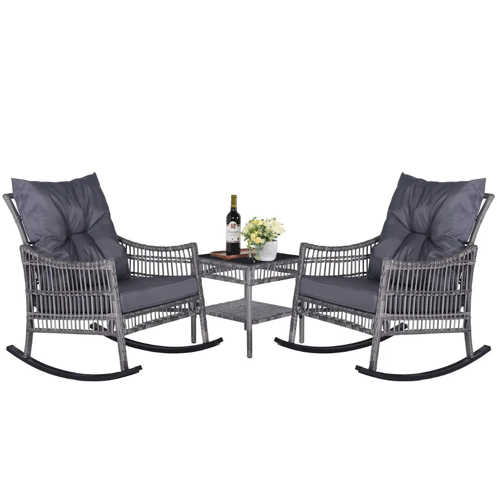 

Patio Furniture Set, 3Pc Outdoor Wicker with 3'' Thicken Cushion, Rattan Chair Conversation Sets with Glass Coffee Table