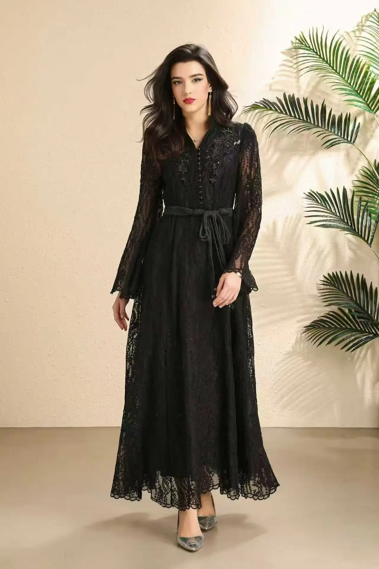 Vintage Elegant Flower Print Loose Long Sleeve Maxi Dress Shirt Women Fashion Palace Midi Vestidos Sequin Formal Evening Dresses