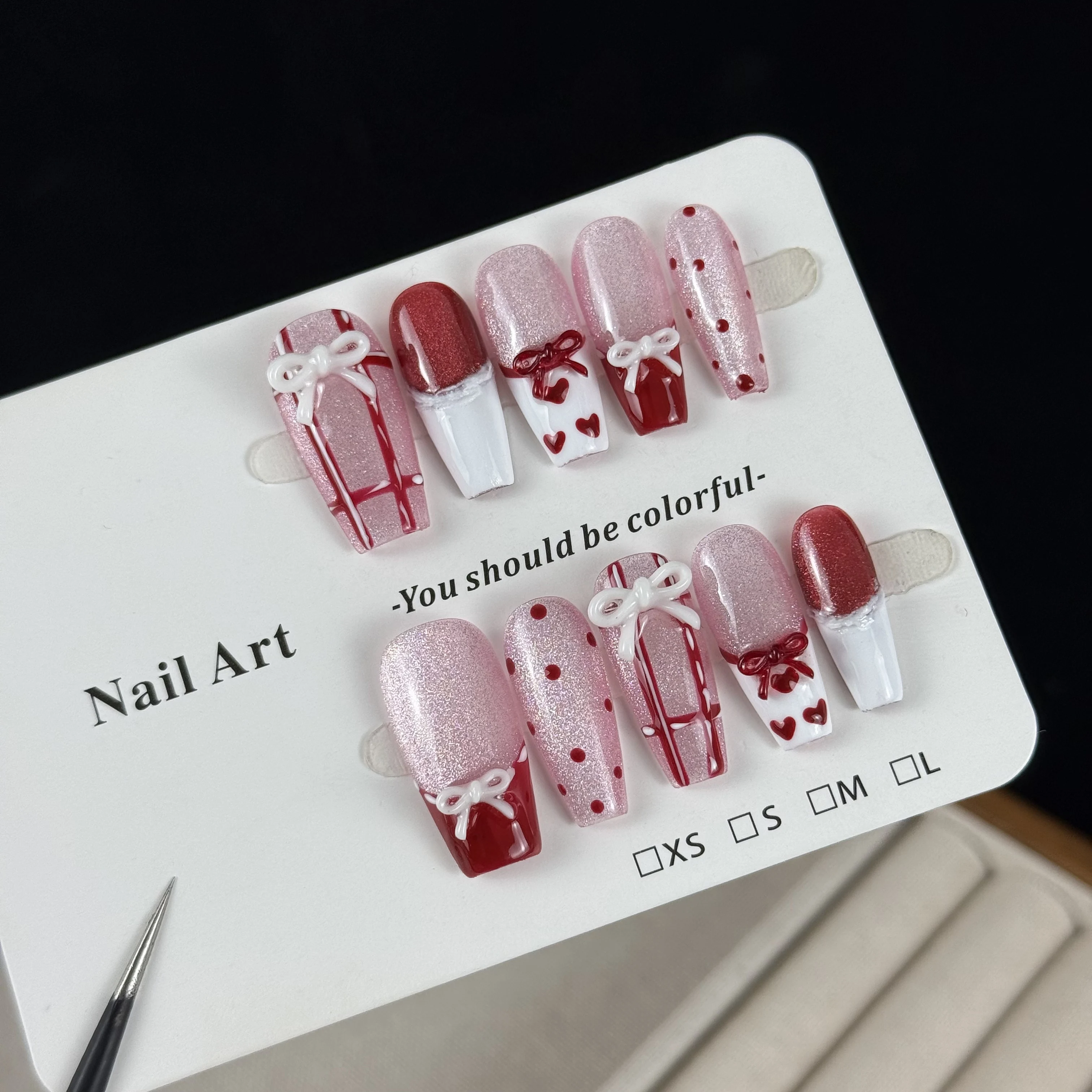 10pcs high-end Cute vintage style, hand-painted three-dimensional bow, hearts, flashing cat eyes handmade fake nails