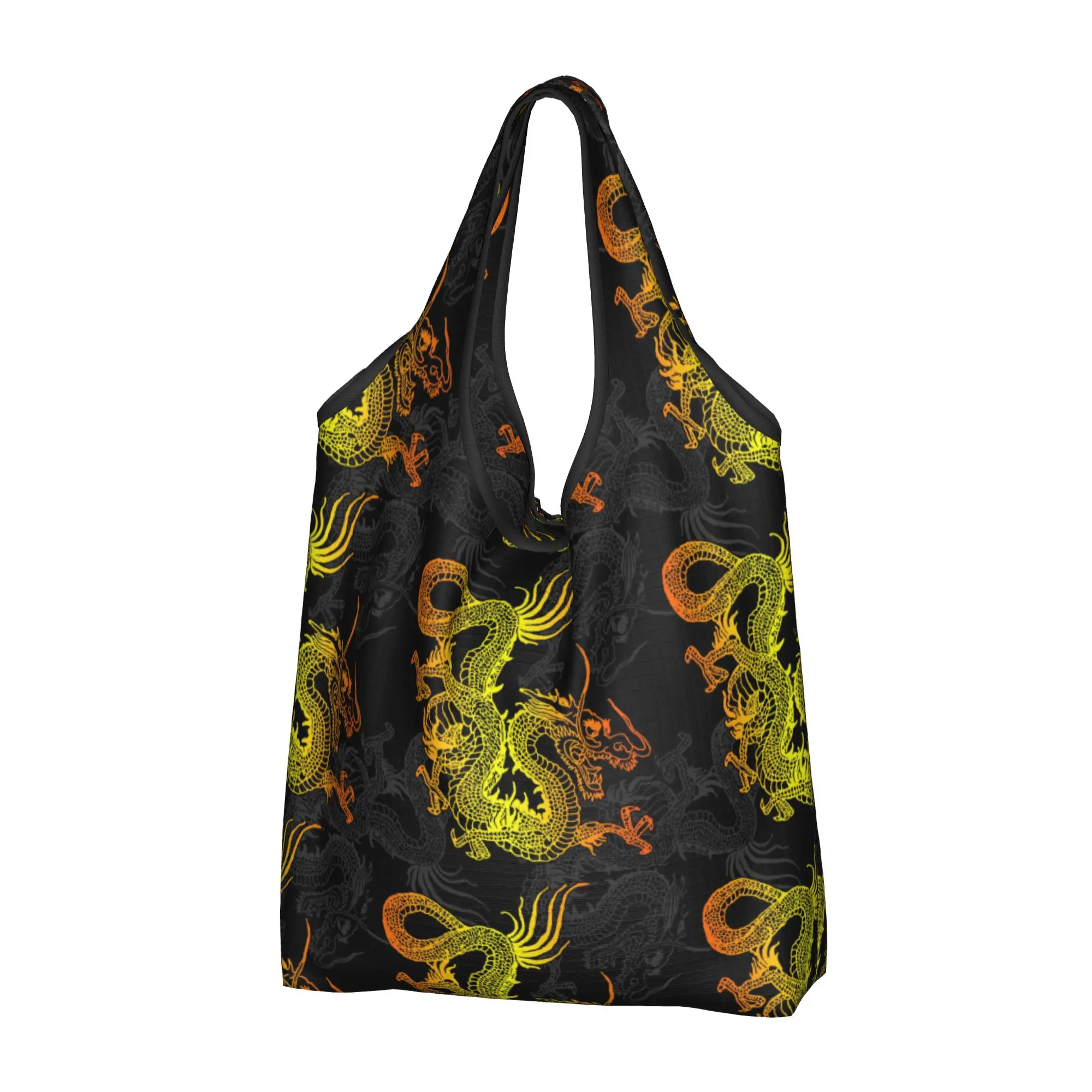Custom Golden Chinese Dragon Pattern Shopping Bags Portable Big Capacity Groceries Japanese Oriental Mythical Tote Shopper Bags