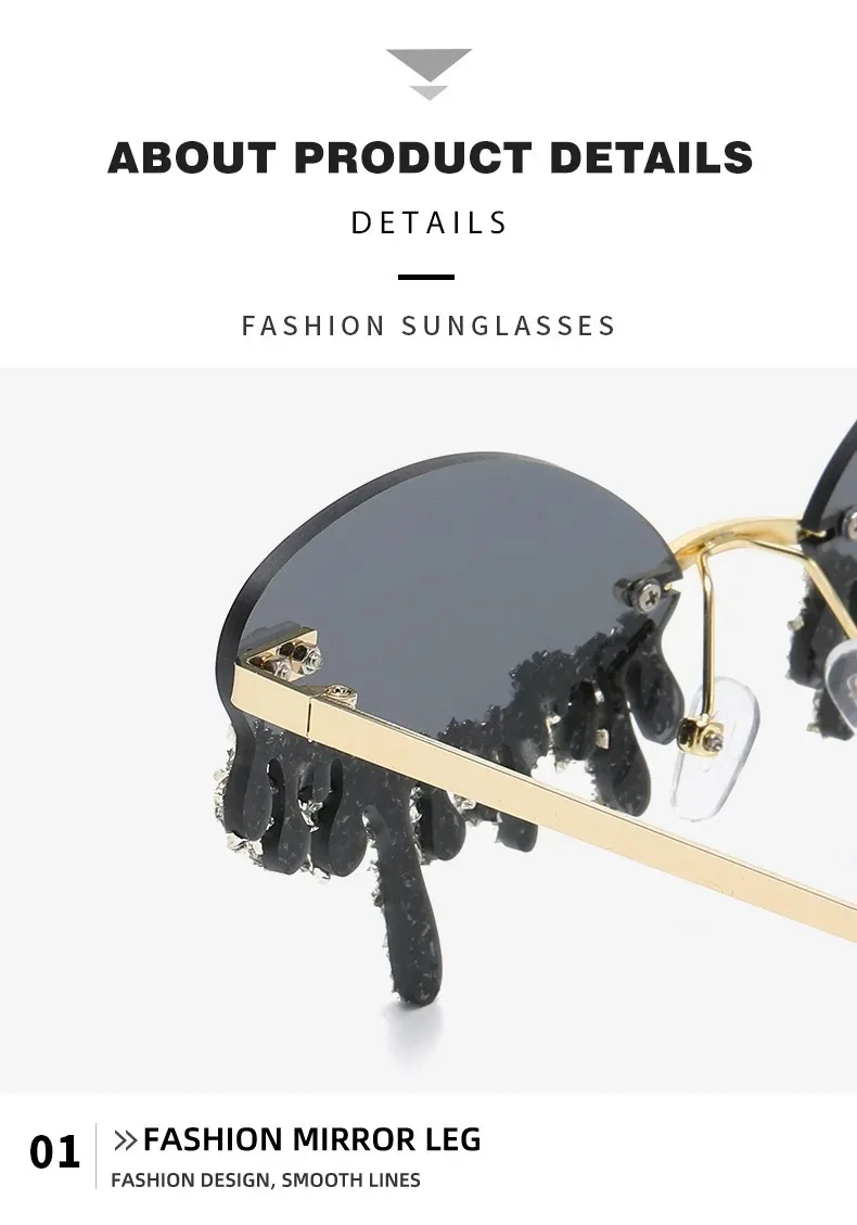 Diamant Randlose Sonnenbrille Damen Luxusmarke Strass Sonnenbrillen Sexy Tränenform Punk Party Eyewear Gafas De Sol – Detail 12