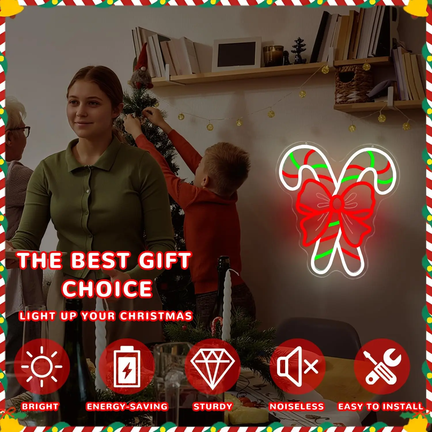 Insegna al neon natalizia Canna di zucchero dimmerabile Illumina bastoncini di zucchero con fiocco Decorazioni natalizie Decorazione da parete al neon natalizia per la casa