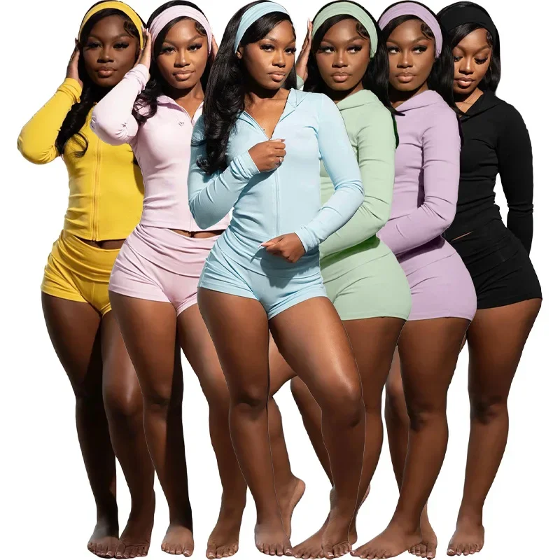 

European and American fashion women's clothing, hooded zipper long-sleeved folding shorts three-piece set (including headband)