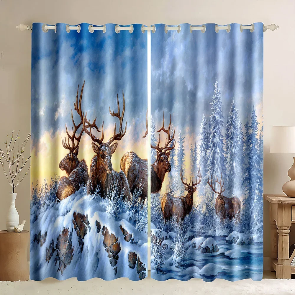 Deer Window Curtain,Wildlife Deer Safair in Small Lake at Forest in Autumn Kitchen Valances Blackout Curtains for Living Room