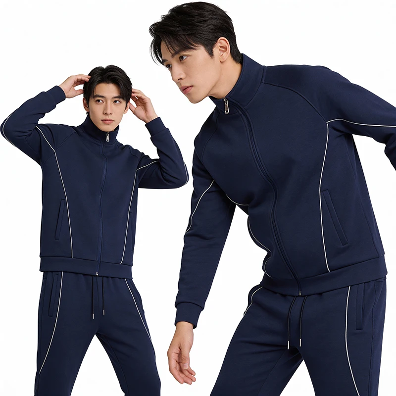 

Spring and autumn knitted sportswear casual suit for men, comfortable and breathable long-sleeved shirt and long pants stand-up