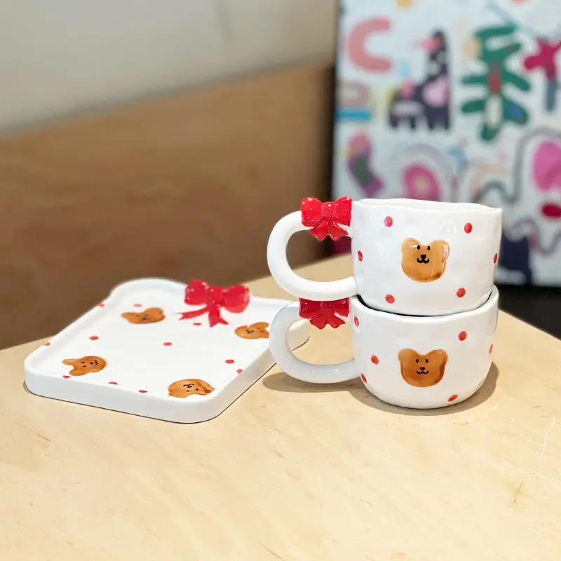 Cute hand-painted teddy bear cup and dish set, ceramic mug, coffee cup, afternoon tea, exquisite gift giving