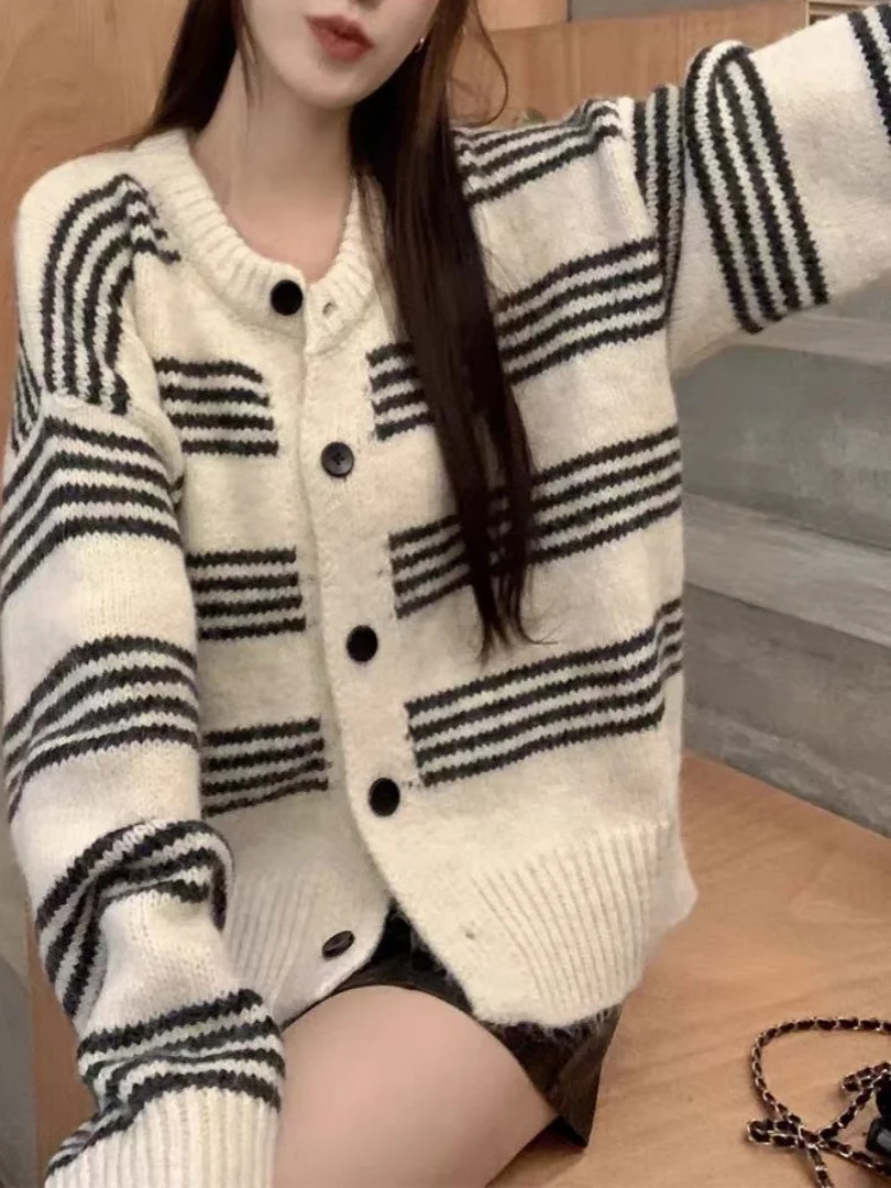 Loose Knitted Striped Sweater Coat Women's Autumn Winter New Sle Casual Wear Outerwear Open Cardigan Long Sve round Ne