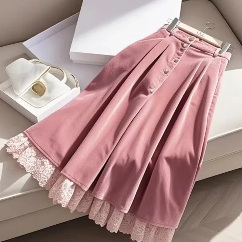 

Vintage Sweet Pink Lace Corduroy Full Skirt A-line Min-length Y2K Skirts Elegant Formal Women High Waist Long Skirt Office Lady