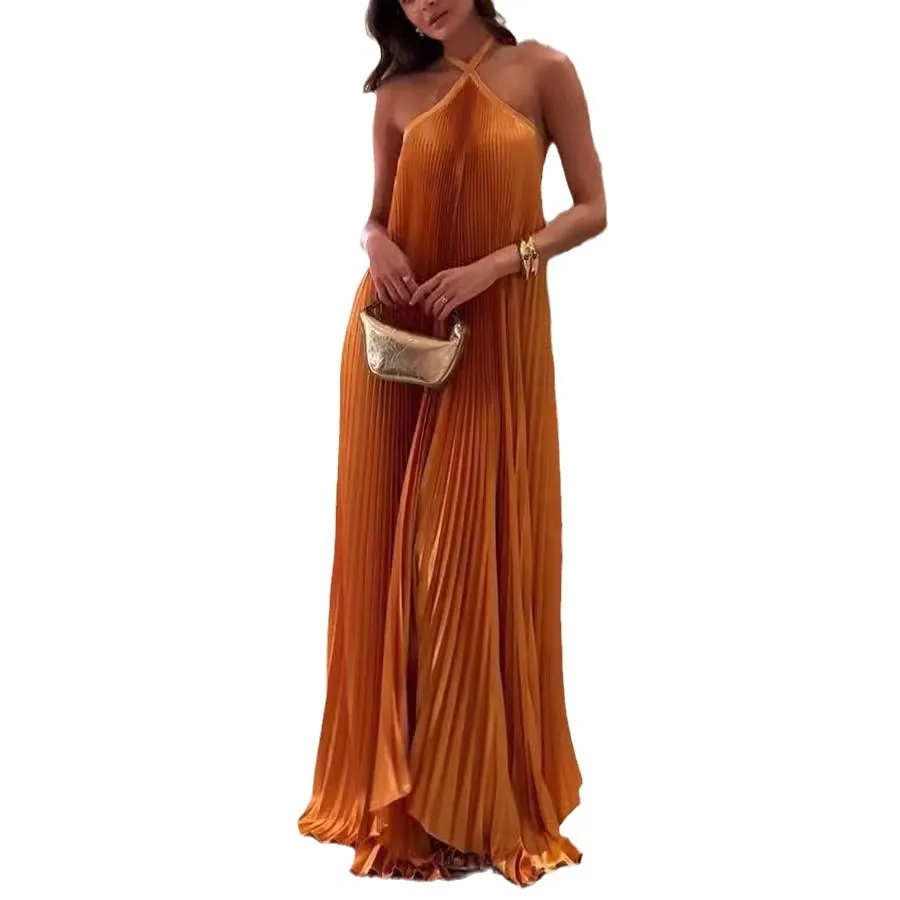 Fashion Pleated Solid Color Long Dress Sexy Halter Hollow Out Loose Evening Dress Women Elegant Sleeveless Backless Party Dress - view 5