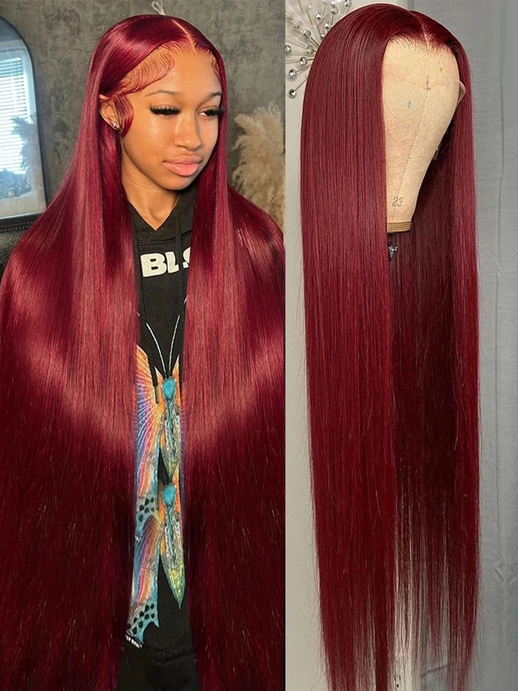 

30 32 Inches Burgundy 99J Straight 13x4 Lace Frontal Human Hair Pre-Plucked Brazilia Red Colored Wigs Remy 180 Density For Women