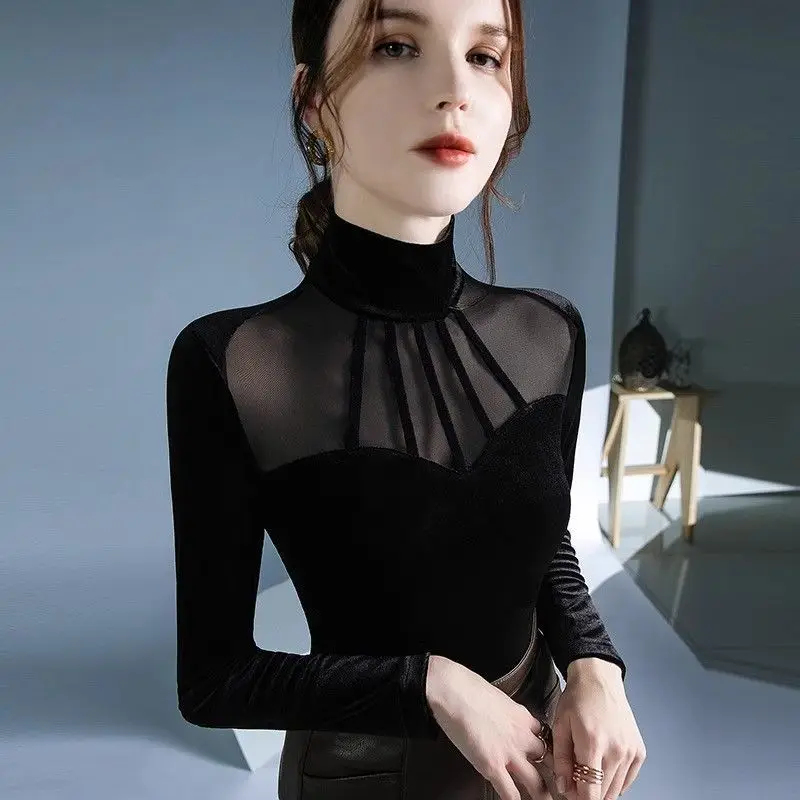 

2025 Spring Fall Women Striped Black Mesh Patchwork Slim Velvet Top Shirt , Woman Turtleneck Velour Tops Shirts