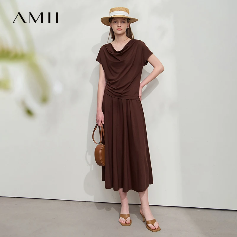 AMII Minimalist เสื้อยืดสั้นกระโปรงชุด 2 ชิ้น 2025 ฤดูร้อนใหม่ Swing COLLAR สบายๆ A-รูปชุดกระโปรง 12542036