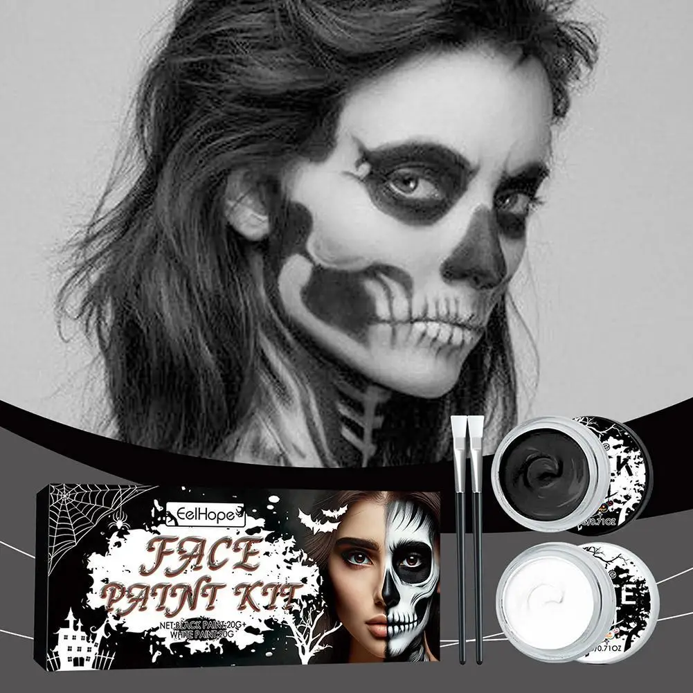 Black & White Face Body Paint Kit with Brushes Long-Lasting Makeup For Halloween Festive Fun Makeup Accessories Makeup Set