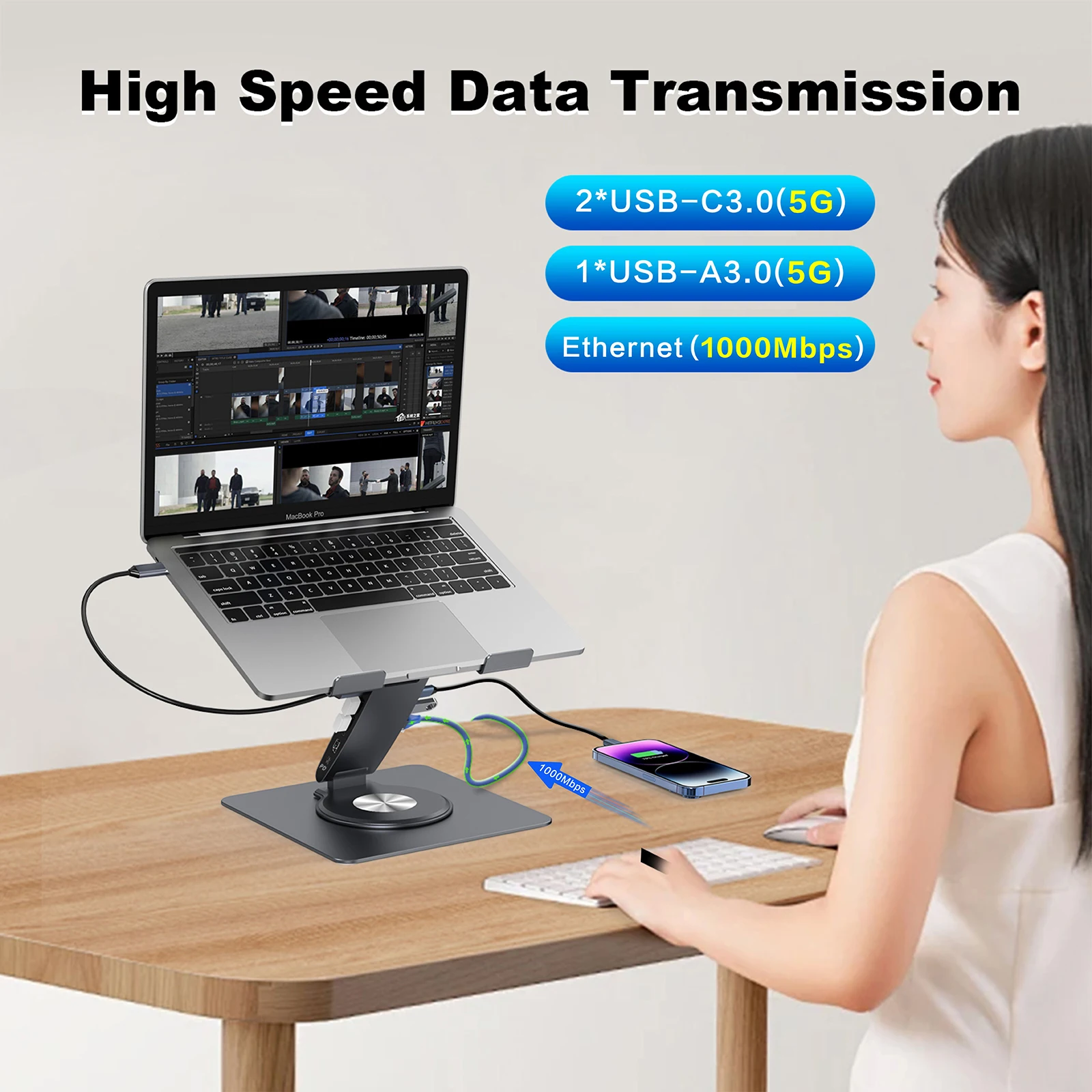 Laptop Docking Station Stand Laptop Stand with USB Hub for Macbook/HP/Dell/Lenovo USB 3.0 HDMI Ethernet PD 100W Audio Jack TF/SD