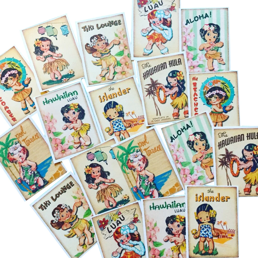 18pcs Hawaii Girl Stickers Pack, Vintage Retro Decal Set for Journal, Scrapbook, Notebook, Phone, Laptop DIY Craft Decoration