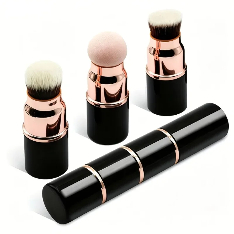 Conjunto de Pincéis de Maquiagem Mini 3 em 1, Portátil e Destacável com Tampa Protetora para Base, Pó, Blush e Ferramentas de Maquiagem com Cabeça de Esponja