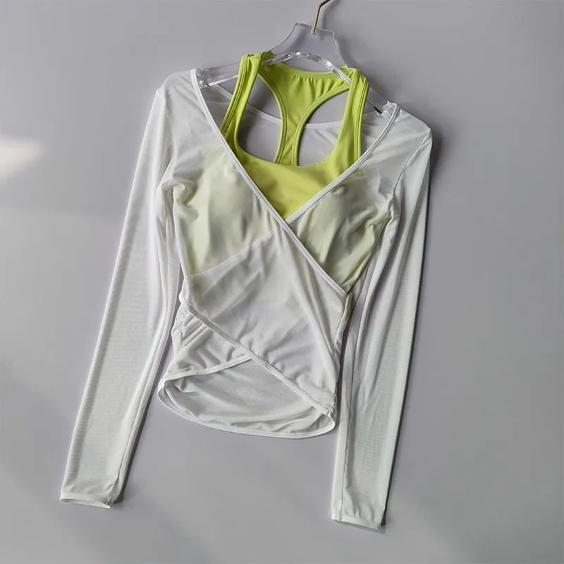 Sexy Mesh Slimming Yoga Suit for Women, Gathering Together, Sports Bra, Two Pieces, Quick Dry Training, Pilates Cover Up Blouse image 6