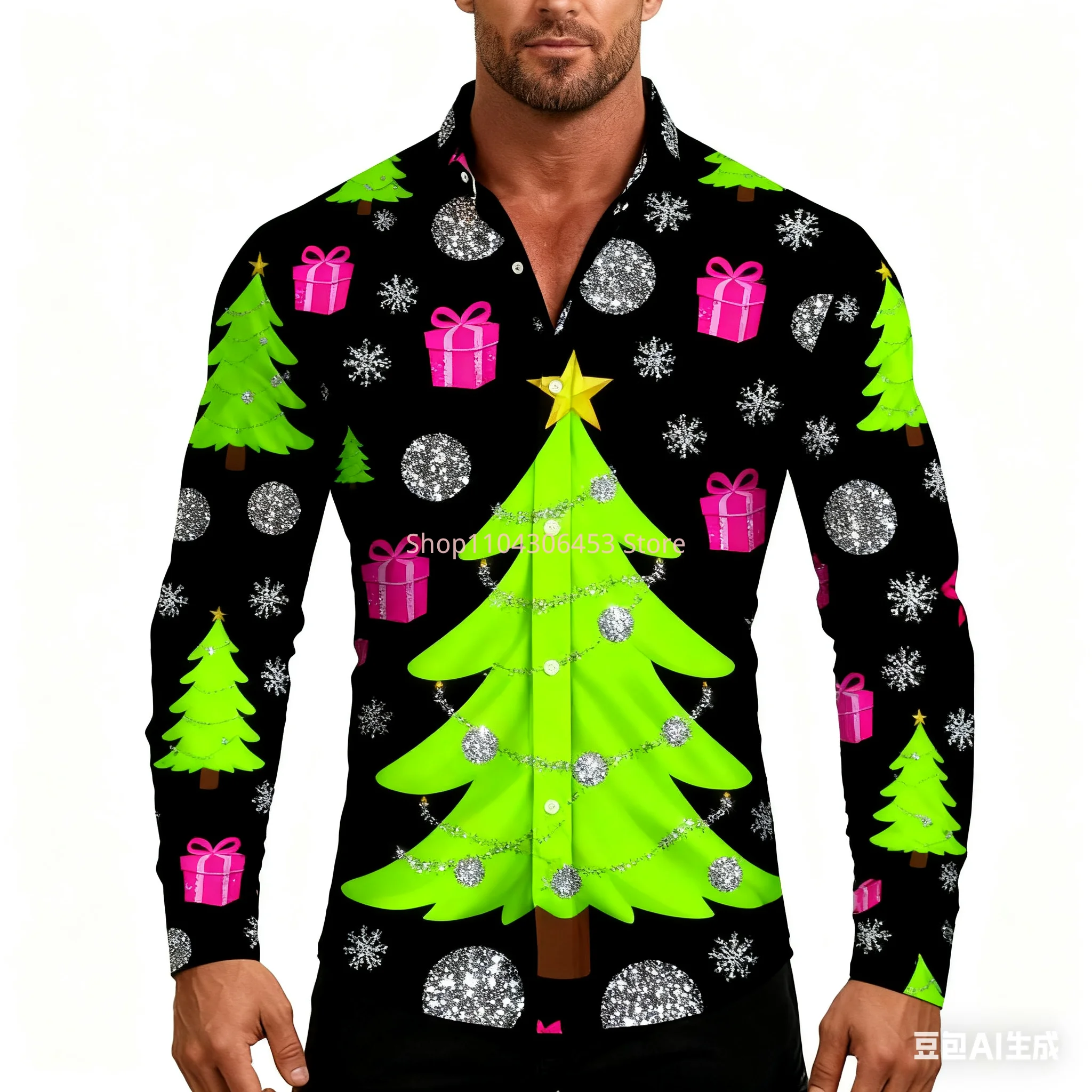 

New Style Men's Christmas Themed Shirt 3D Print Santa Men's Casual Festive Long-sleeved Shirt Outdoor New Year Clothing Top