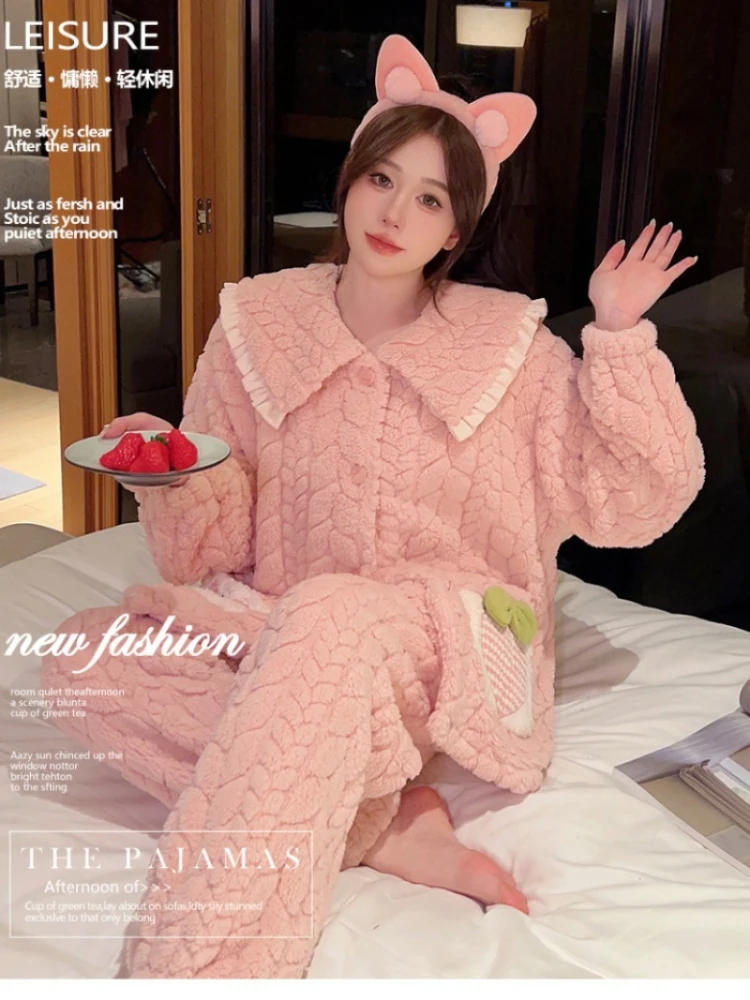 5XL 140kg Oversized Women Flannel Pajamas Set Cartoon Autumn Winter Thicken Two Piece Suit Warm Loose Long Sleeve Home Clothes