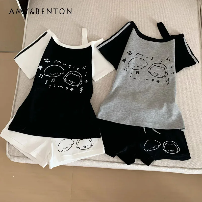 

25COSJapanese Cute Off Shoulder Color Matching Animation Printing Short-sleeved Shorts Two-piece Set Subcultural Sweet Casual Se