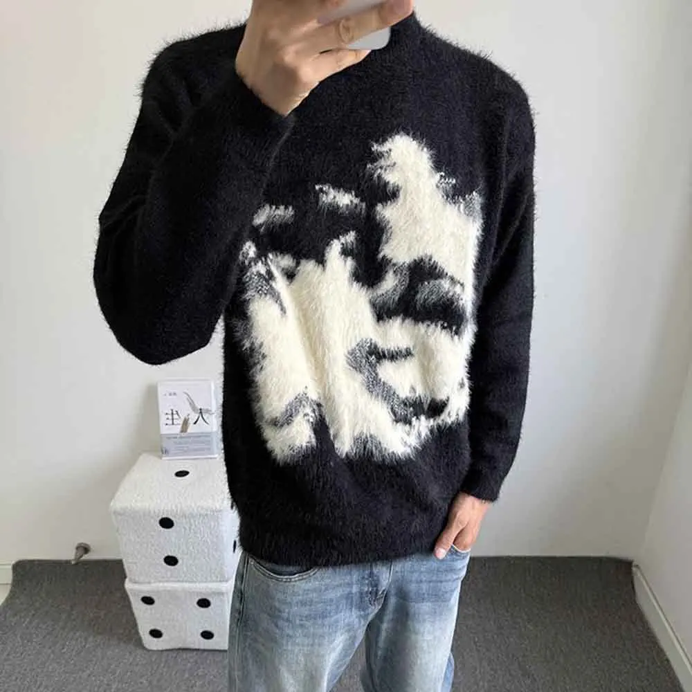 New Autumn Men's Contrast Color Long-Sleeved Sweater American Retro Fashion Trend High Street Loose Casual Niche Men's Tops