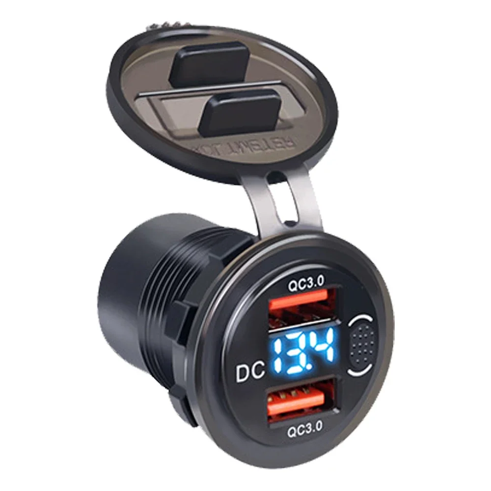 Dual QC Car USB Charger Socket with Button Switch Digital LED Voltmeter Car Charger Adapter Outlet Power 12V/24V for Car Boat RV