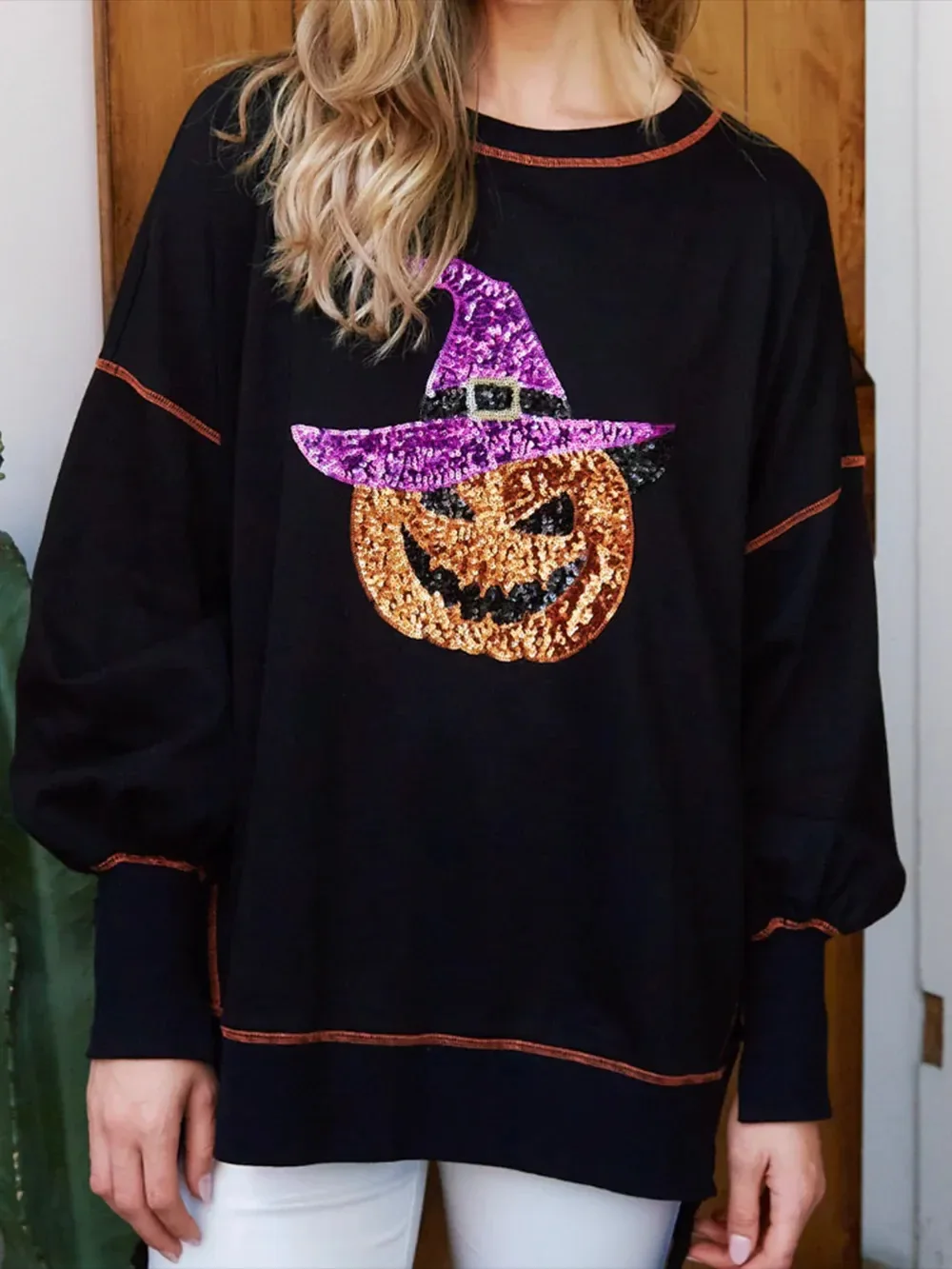 

Halloween Women'S Loose Sportswear Pumpkin Print Round Neck Long Sleeved Pullover Autumn and Winter Casual Pumpkin Hoodie Top
