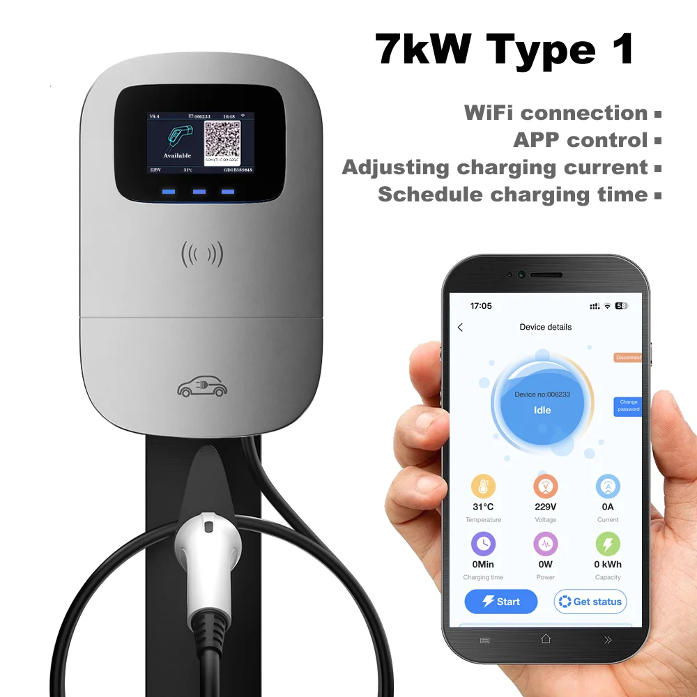 

JIGU 7 kW 32A Type 1 SAE J1772 Car Charger Wallbox Electric Vehicle Charging Station 7KW Home EV Charger with Screen APP