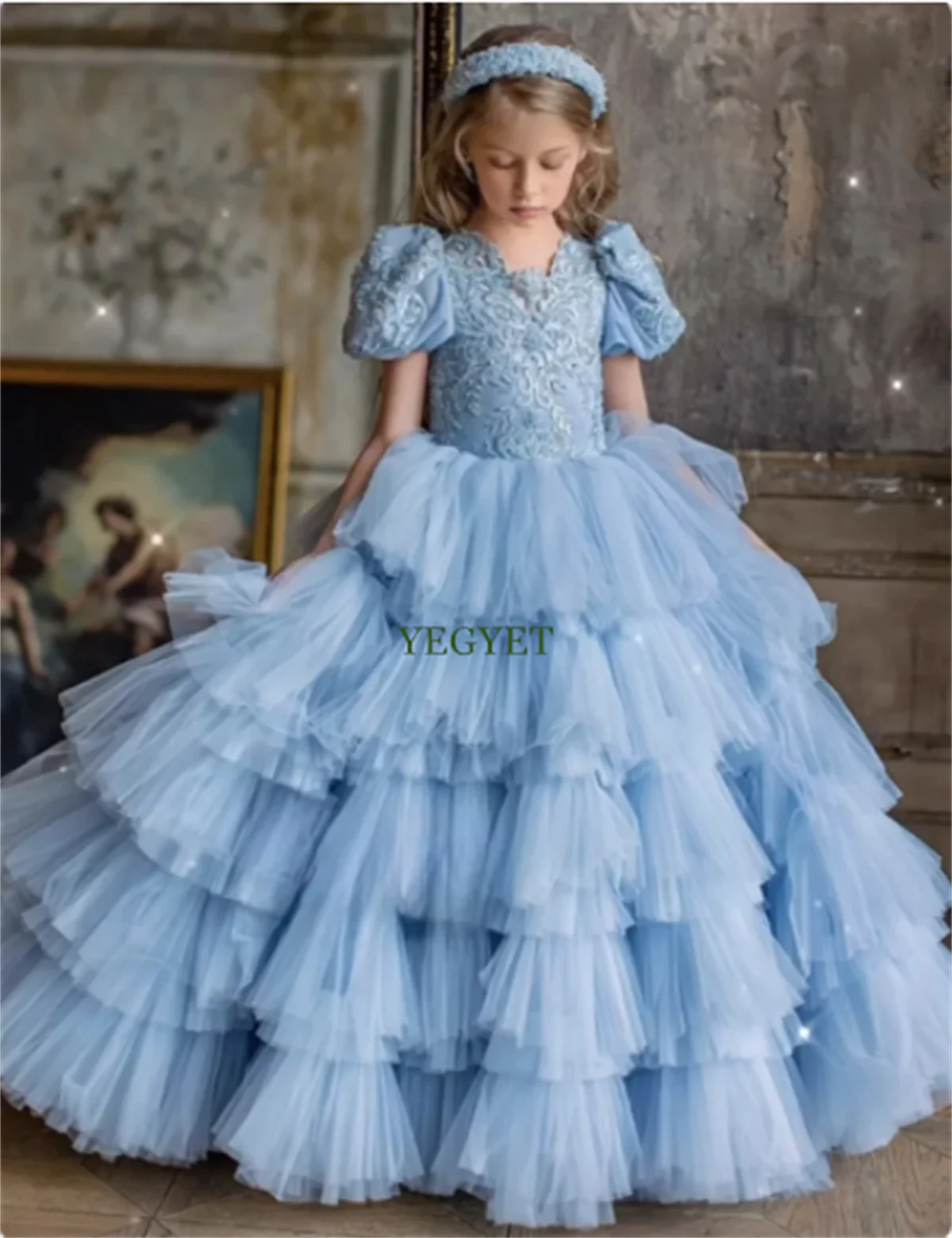 

Kids Luxury Birthday Party Dress Flower Girls Embroidery Lace Tulle Long Evening Gowns Children Pageant Dresses Child 1-14T