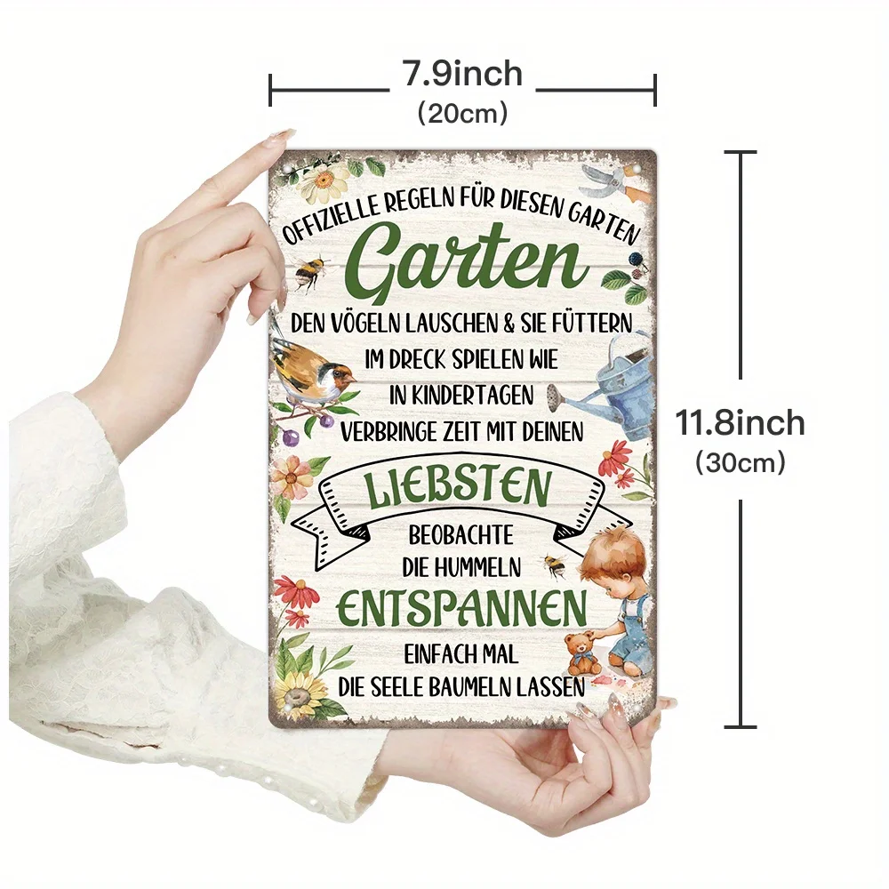 1pc German Vintage Metal Aluminum Sign, Official Rules for This Garden: Listen To The Birds and Play in The Dirt Like