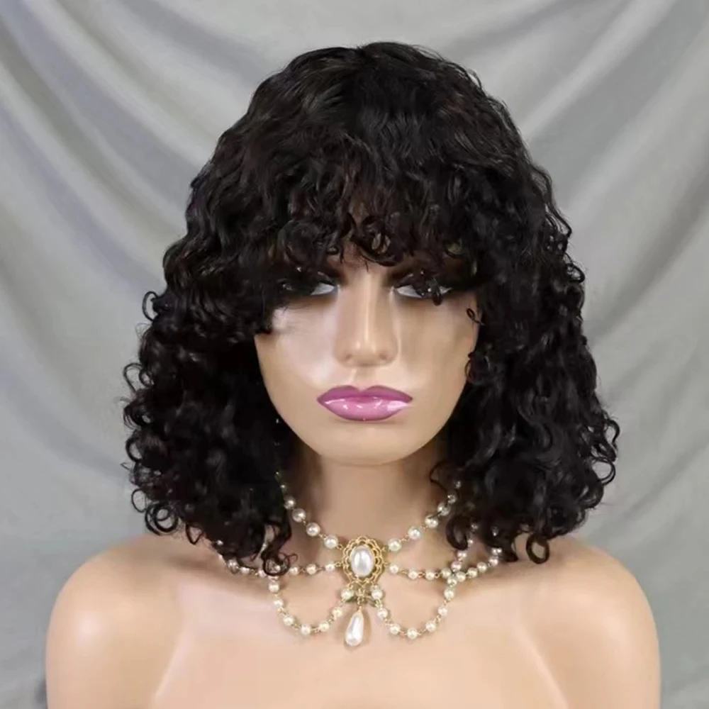 

Full Machine Wig With Bang Human Hair Wig Full 250% Density Water Wave Curly Wavy Bob Human Hair Wig for Black Women
