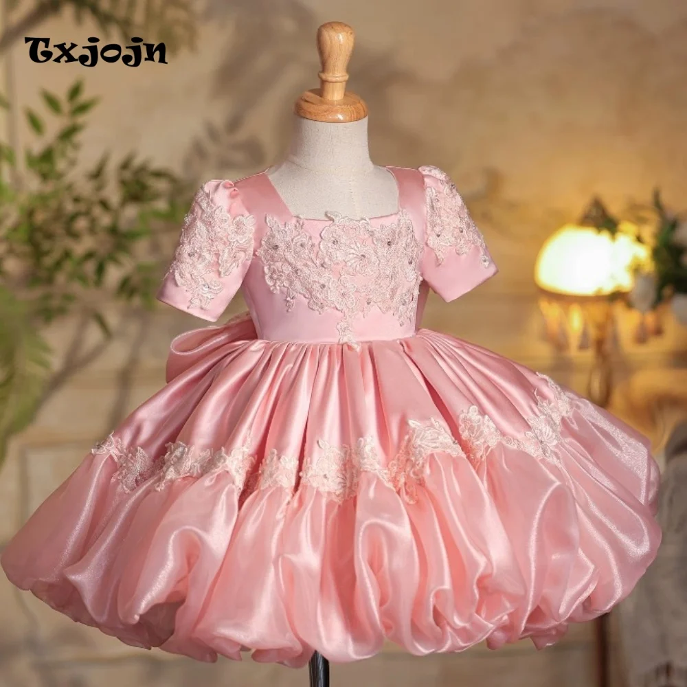 Light luxury Baby Girl Dress 1-14 Years Old Girl's Satin Lace Appliqued Princess Dress Birthday Dress Flower Girl Show Dress
