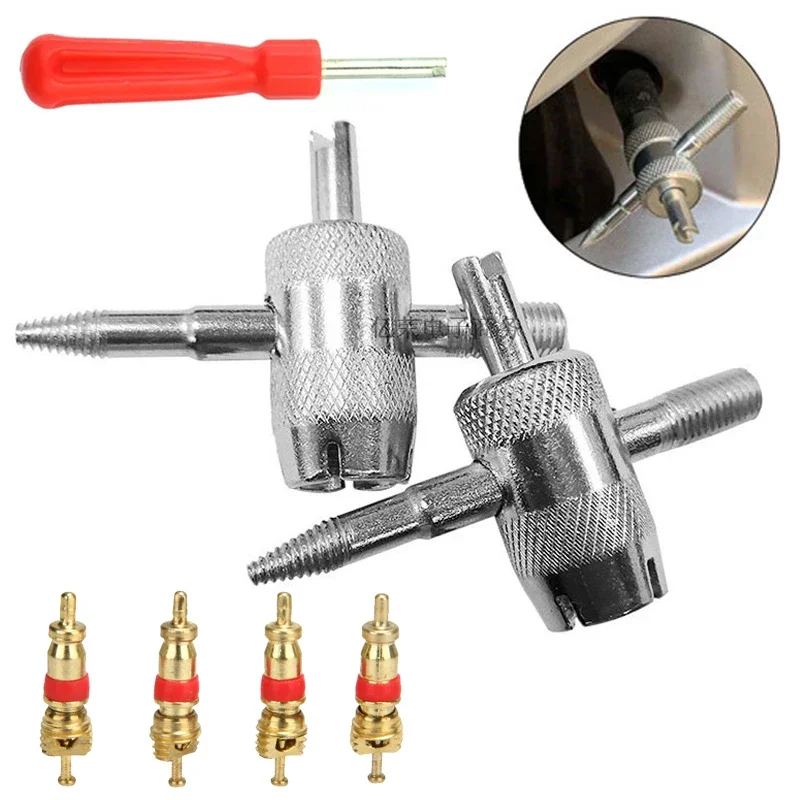 4 in 1 Car Tire Valve Repair Set Automobiles Tyre 4 Way Valve Core Removal Tools Kit Tire Valve Stem Puller Screwdriver