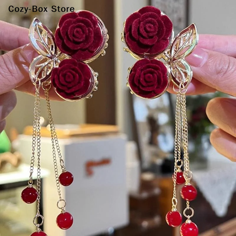 [ZY]1Pc Vintage Elegant Red Flocked Rose Tassel Hair Clip Stylish Ponytail Claw Crab Clip For Girls Women Delicate Hair Tool[ZY]